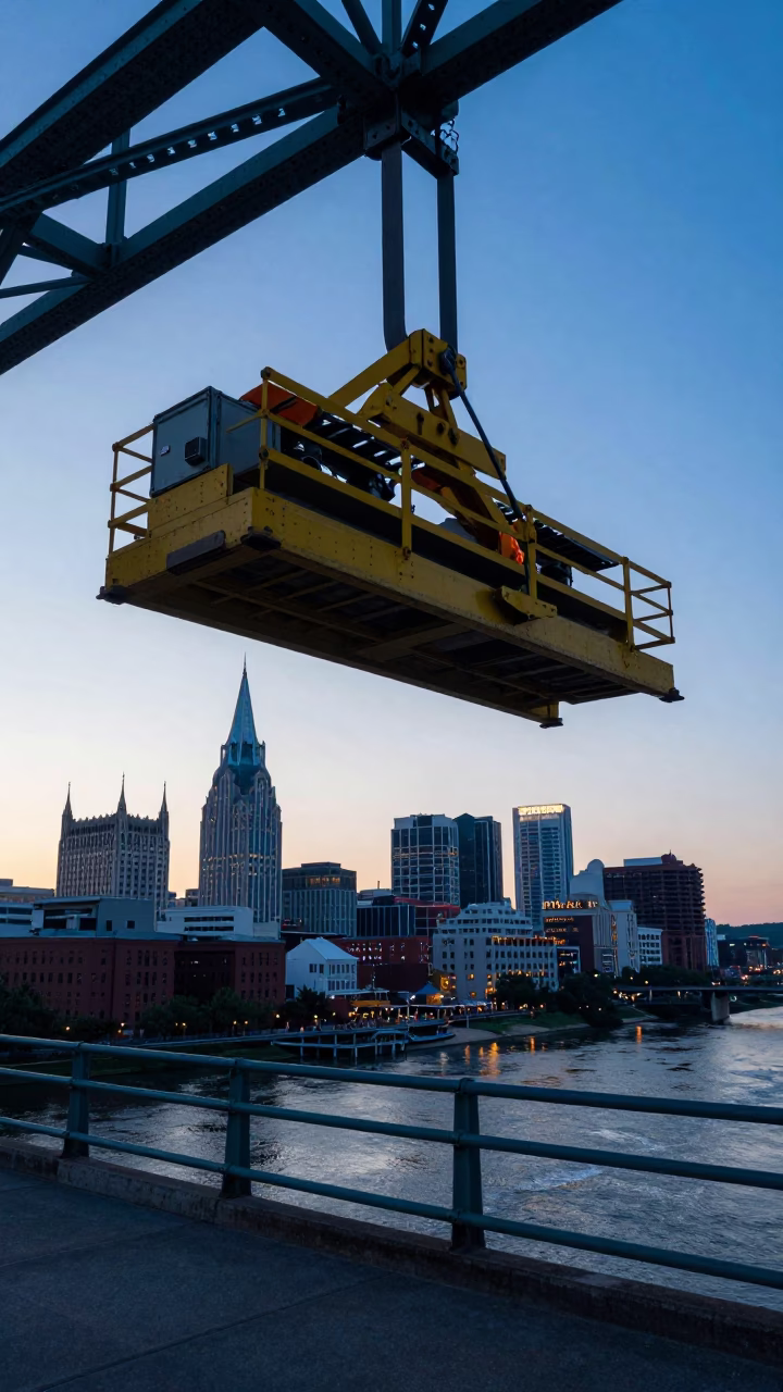 Dawn Light on Nashville Bridge Maintenance Cradle Over Cumberland River in in Nashville, Tennessee, United States