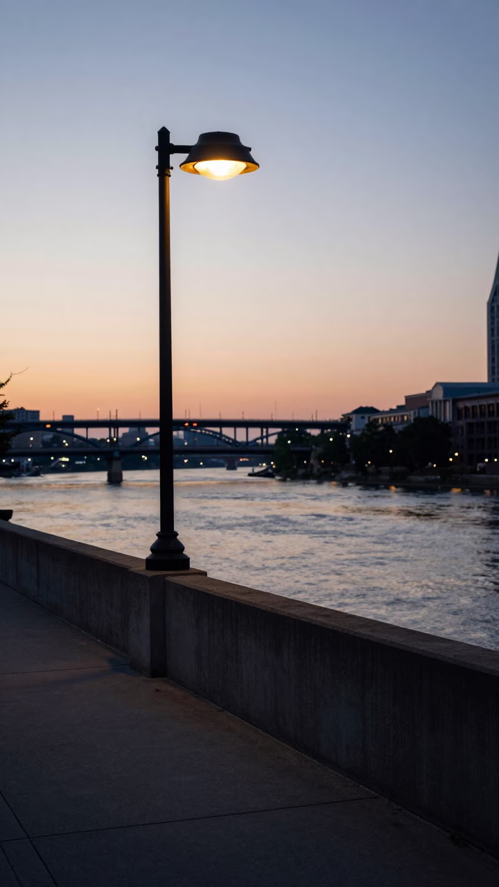 Dawn Light on Nashville Riverfront Streetlamp and Concrete Barrier in in Nashville, Tennessee, United States