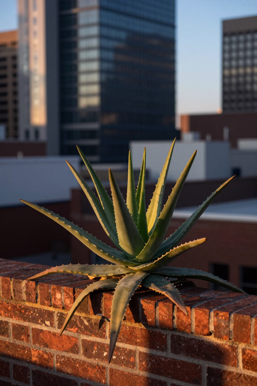 Dawn Light on Nashville Rooftop Terrace with Aloe Vera Plant and Morning Commuter Train in in Nashville, Tennessee, United States