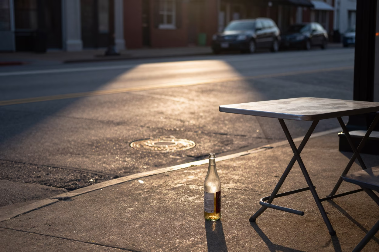 Dawn Light on Nashville Tennessee Street Corner with Vintage Bottle and Folding Tables in in Nashville, Tennessee, United States