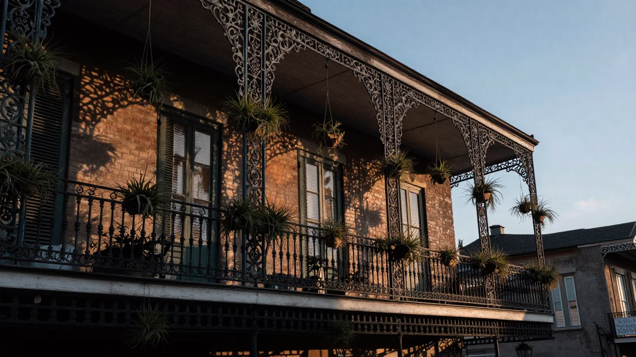 Dawn Light on New Orleans Balcony with Hanging Air Plant and Street View in in New Orleans, Louisiana, United States