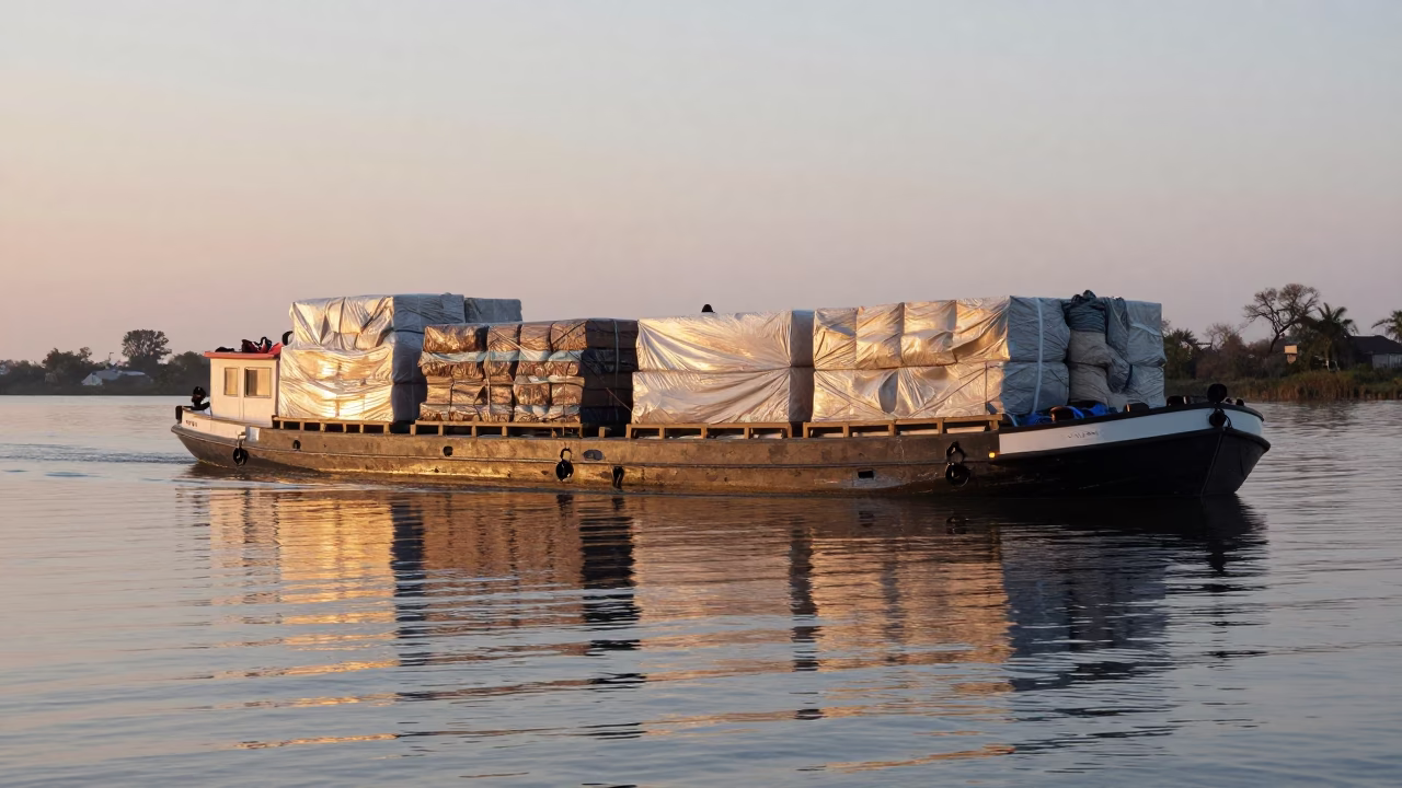 Dawn Light on New Orleans Canal Barge Loaded with Cargo in Louisiana in in New Orleans, Louisiana, United States