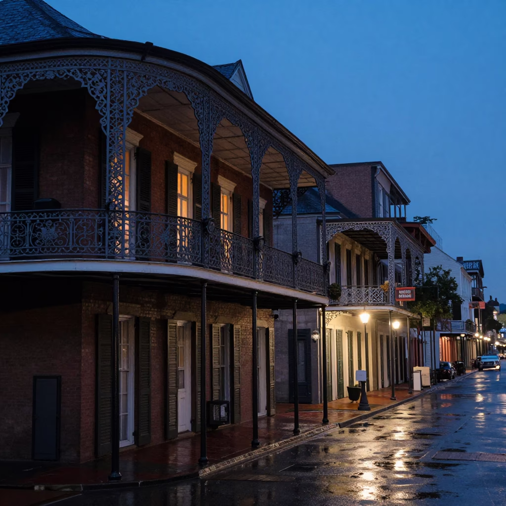 Dawn Light on New Orleans French Quarter Balconies and Wet Cobblestone Street in in New Orleans, Louisiana, United States