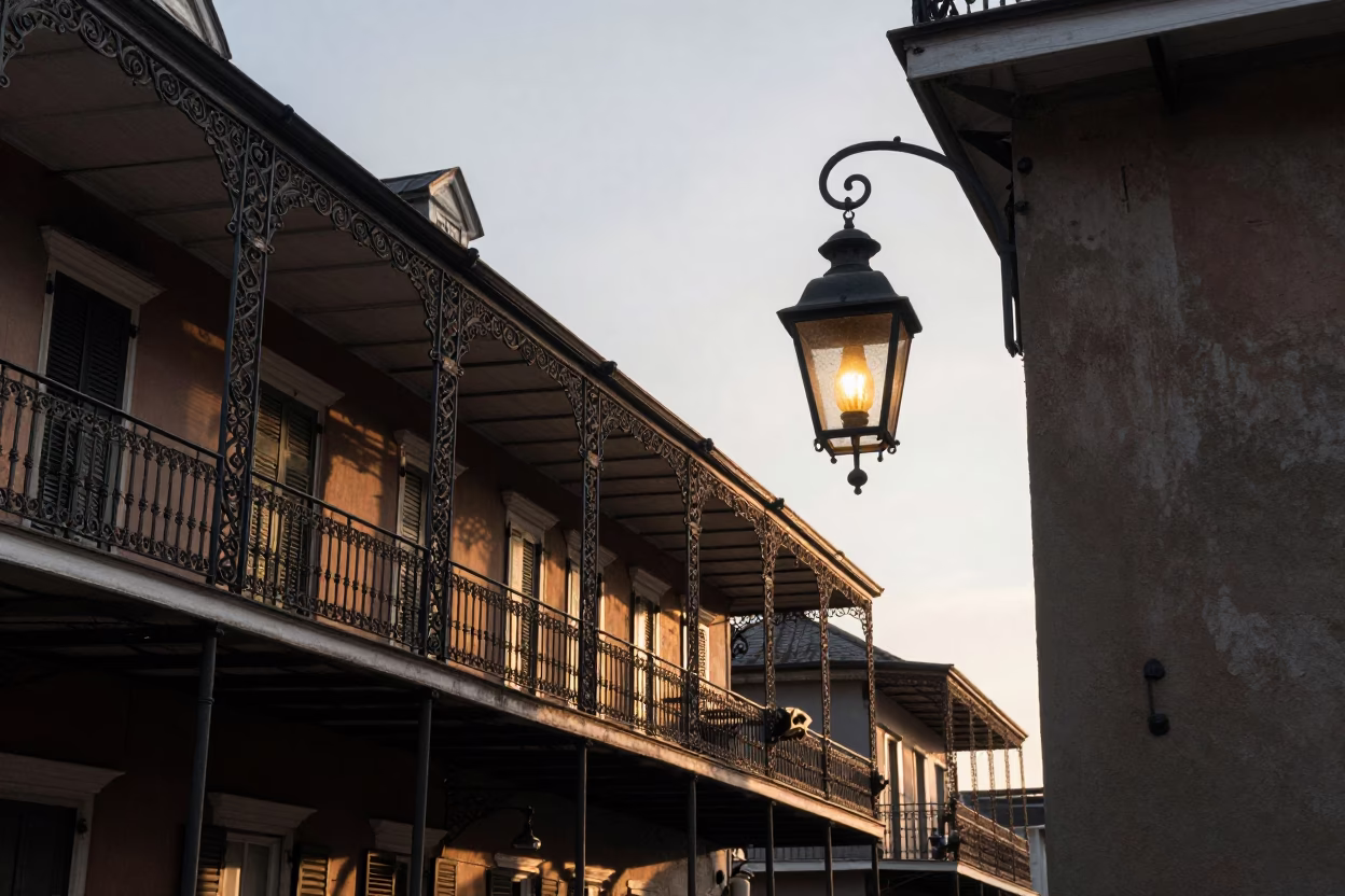 Dawn Light on New Orleans French Quarter Balcony with Hurricane Lamp and Squash Blossoms in in New Orleans, Louisiana, United States