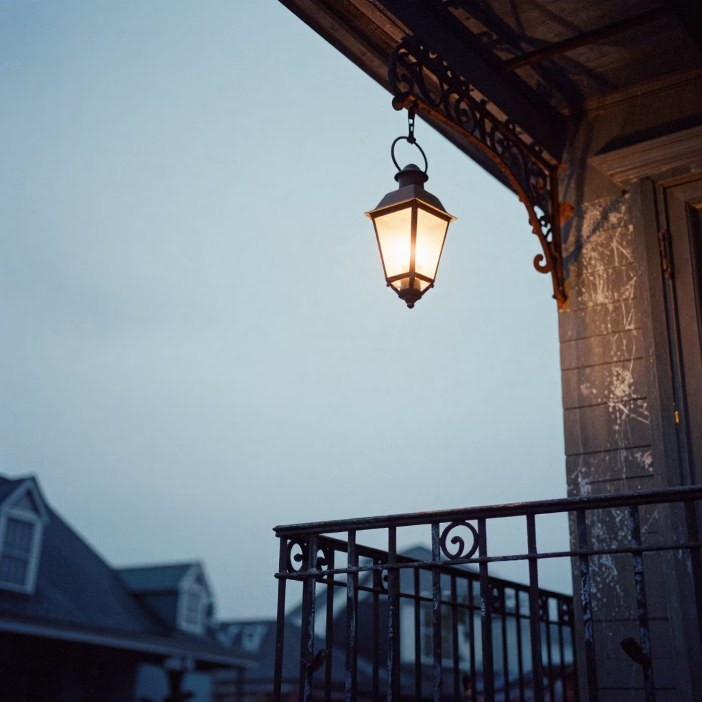 Dawn Light on New Orleans Porch with Lantern and Scratched Bench Slats in in New Orleans, Louisiana, United States