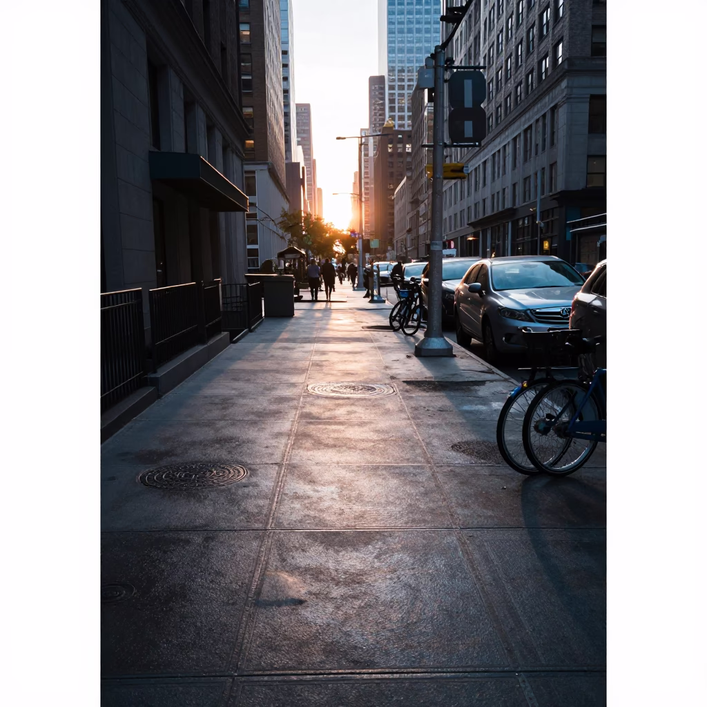 Dawn Light on New York City Sidewalk with Bicycle and Pigeons in in New York, New York, United States