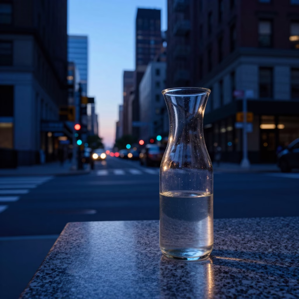 Dawn Light on New York Street Corner with Glass Carafe and Iron Hook Details in in New York, New York, United States