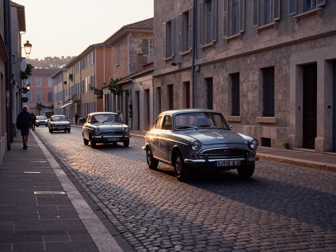 Dawn light on Nice France cobblestones with vintage car rally and local breakfast in in Nice, France