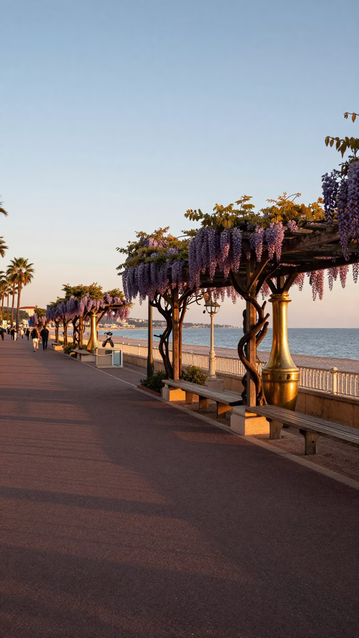 Dawn light on Nice France promenade with wisteria and brass hinge details in in Nice, France