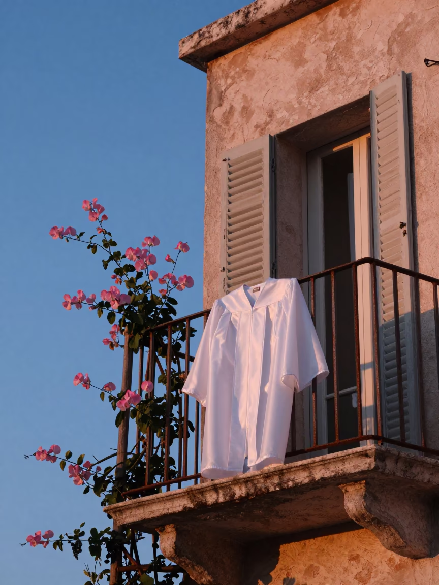 Dawn Light on Nice French Riviera Balcony with Graduation Gown and Trellis in in Nice, France