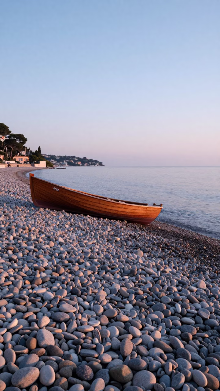 Dawn Light on Nice French Riviera Pebble Beach with Rowboat and Lantern in in Nice, France