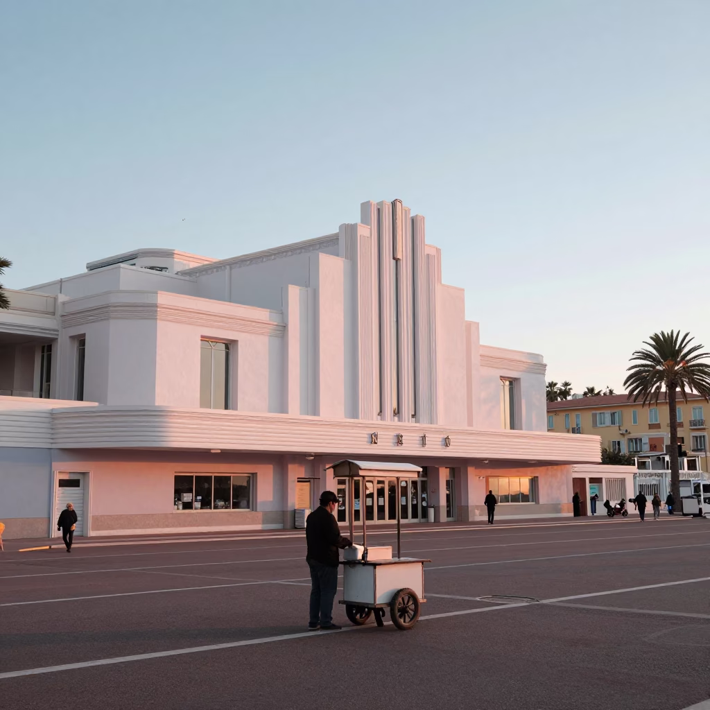 Dawn light on Nice Promenade with Art Deco Cinema and Local Breakfast in in Nice, France