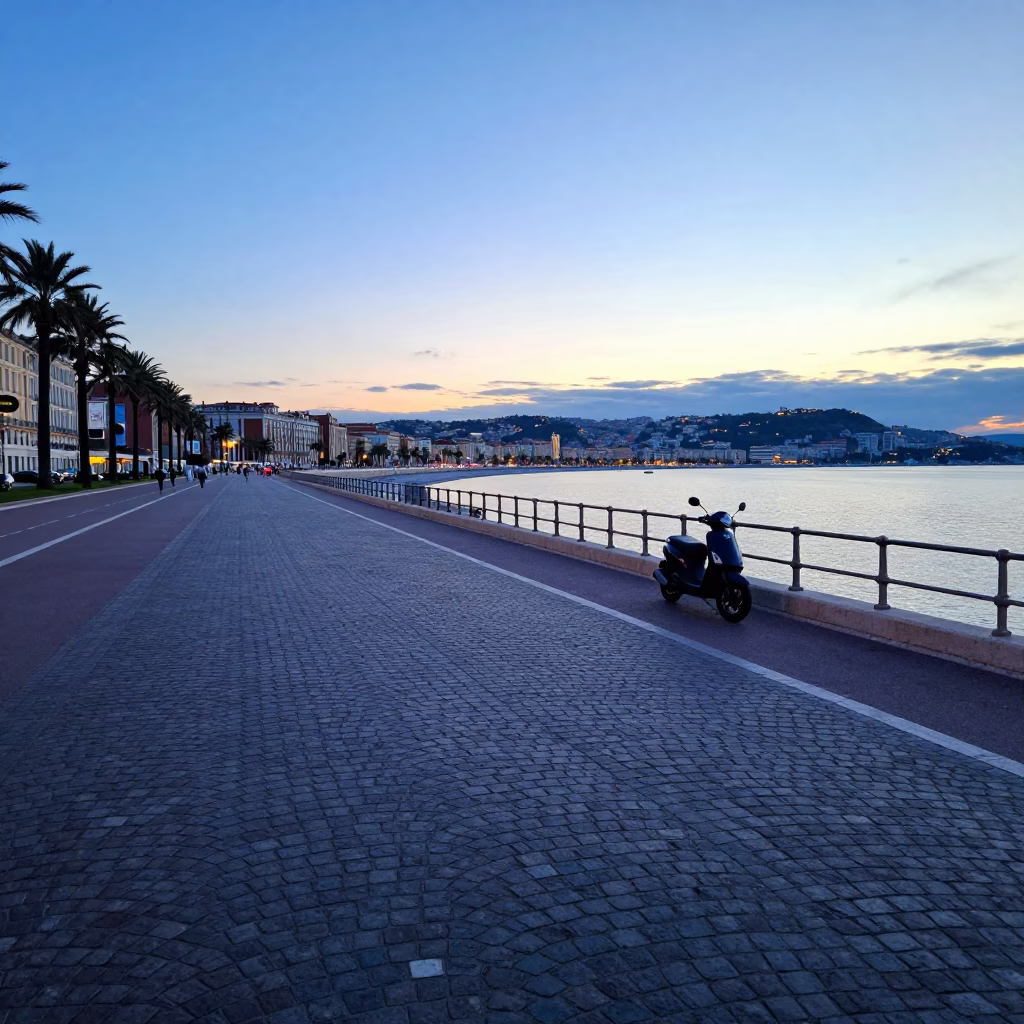 Dawn Light on Nice Promenade with Scooter and Cobblestone Harbor Views in in Nice, France