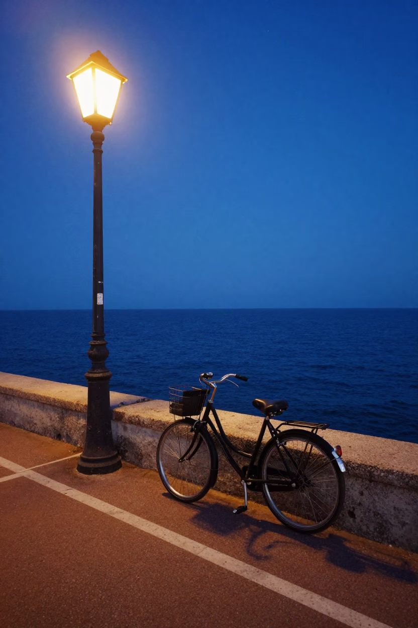 Dawn Light on Nice Promenade with Vintage Bicycle and Fallen Petals in in Nice, France