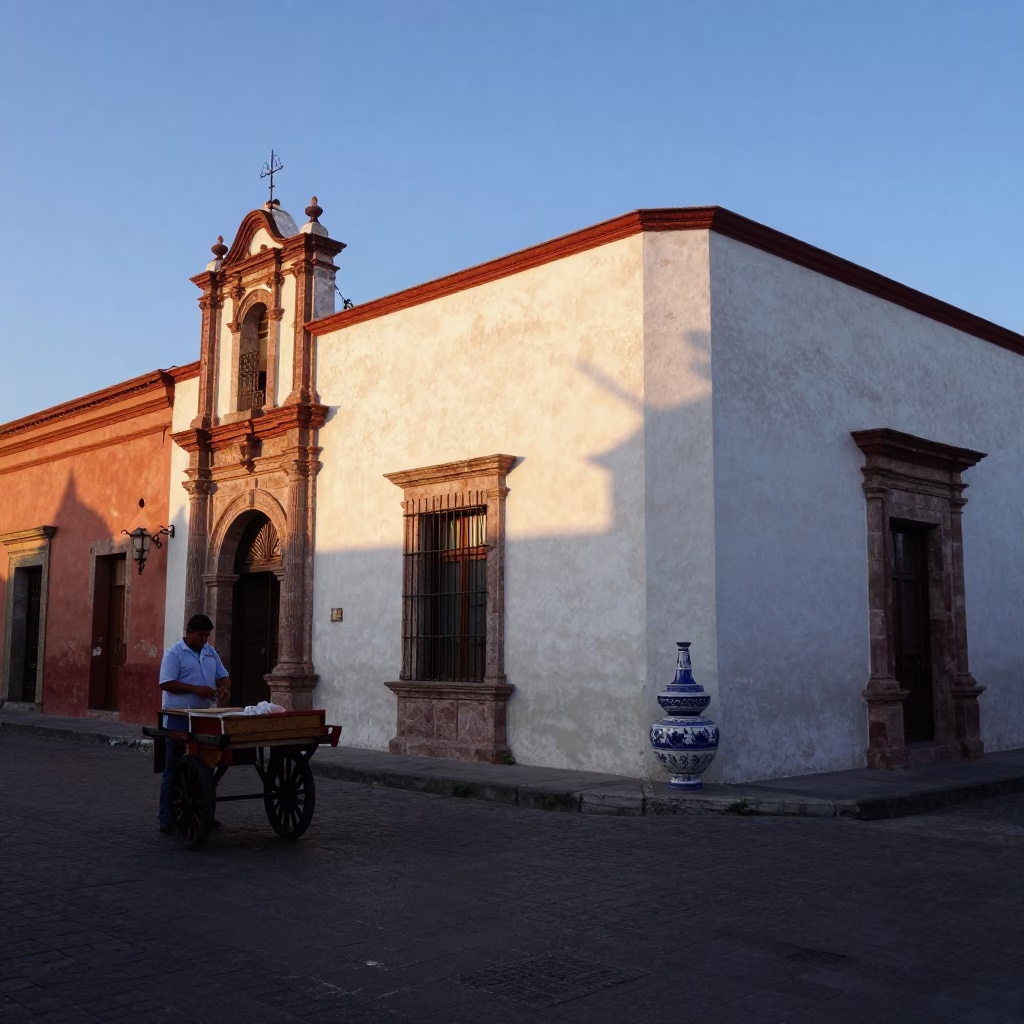Dawn Light on Oaxaca Street Corner with Ceramic Bowl and Local Vendor Morning Routine in in Oaxaca, Mexico