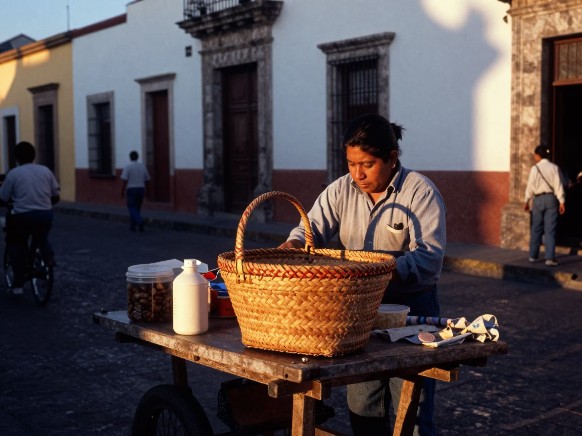 Dawn Light on Oaxaca Street Vendor with Woven Basket and Gardenia Bush in in Oaxaca, Mexico