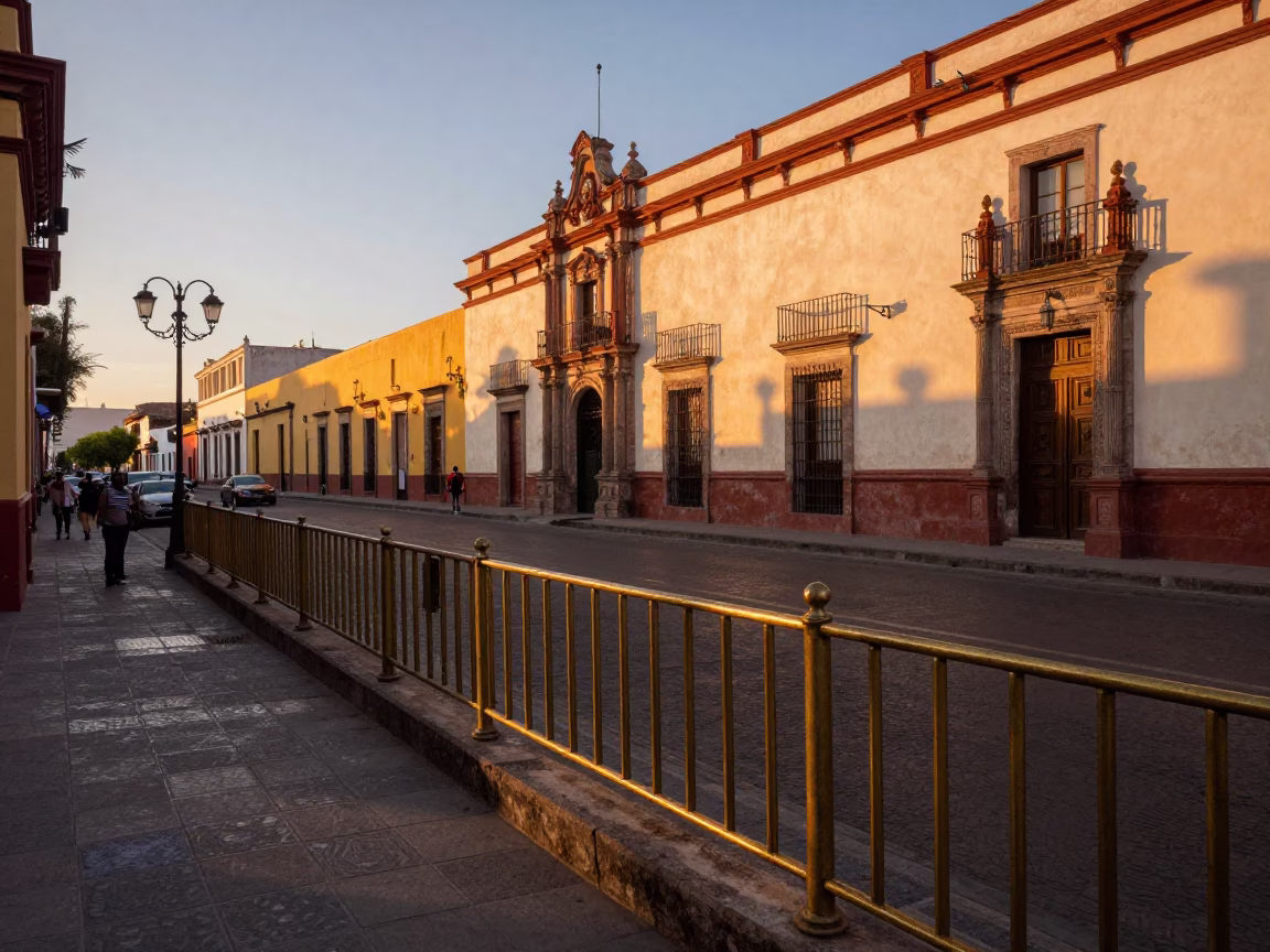 Dawn light on Oaxaca street with brass rail and morning activity in in Oaxaca, Mexico