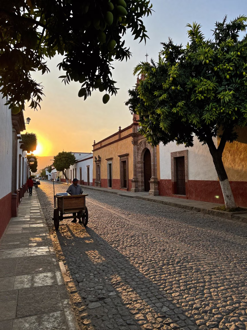 Dawn Light on Oaxaca Street with Mangoes and Stone Mill in Mexico in in Oaxaca, Mexico