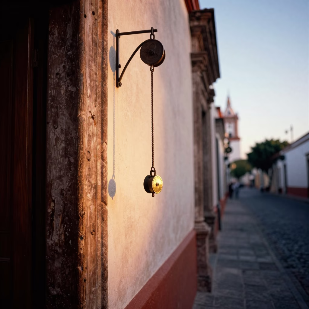 Dawn Light on Oaxaca Street with Pulley and Brass Details in in Oaxaca, Mexico
