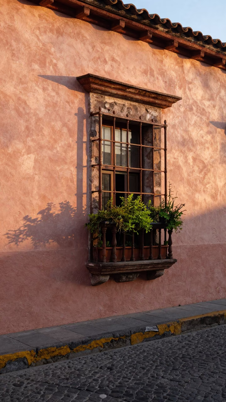 Dawn light on Oaxaca street with window boxes and bottle brush plants in in Oaxaca, Mexico