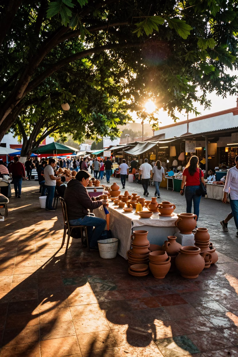 Dawn Light on Oaxacan Market Stalls with Clay Pots and Leaf Shadows in in Oaxaca, Mexico