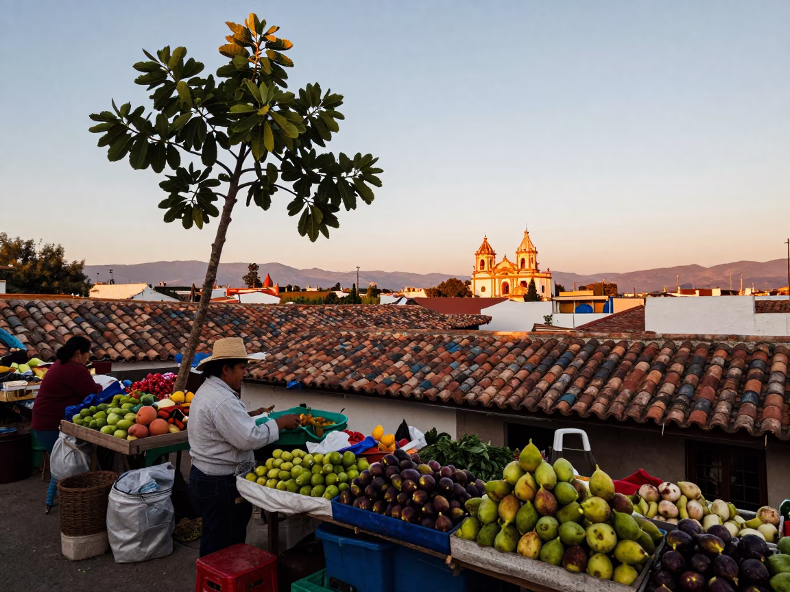 Dawn Light on Oaxacan Market Stalls with Figs and Handcrafted Goods in in Oaxaca, Mexico