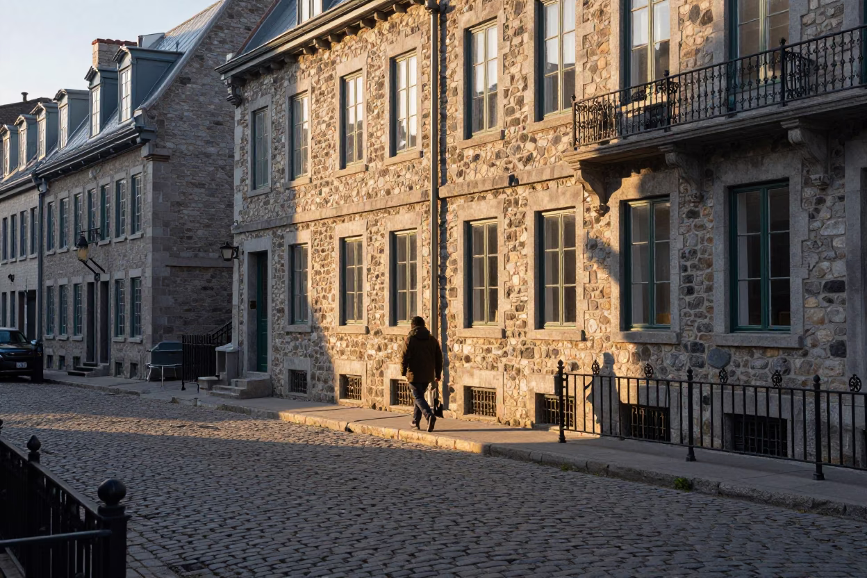 Dawn light on Old Montreal cobblestones near historic stone architecture in in Montreal, Quebec, Canada