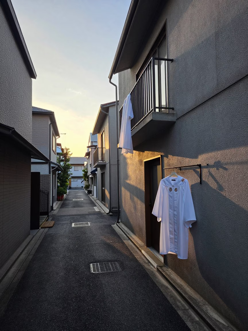 Dawn light on Osaka street with graduation gown and wooden stool in in Osaka, Japan