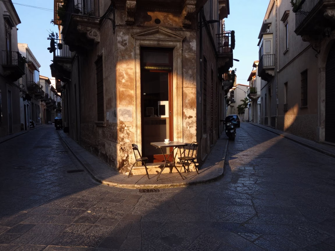 Dawn Light on Palermo Street Corner with Coffee Cup and Newspaper in in Palermo, Italy