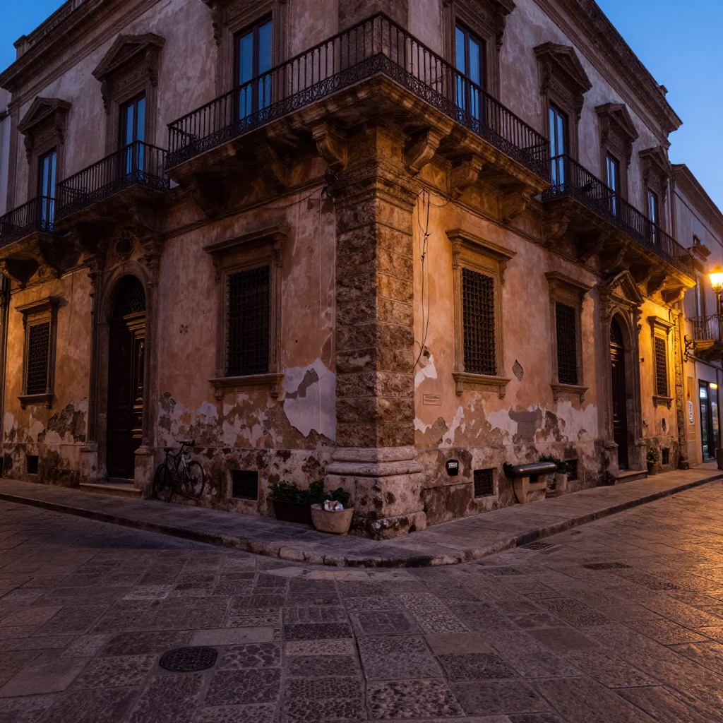 Dawn Light on Palermo Street Corner with Stone Architecture and Local Morning Routine in in Palermo, Italy