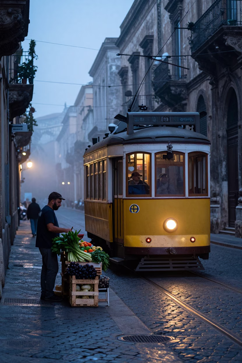 Dawn light on Palermo street corner with vintage tram and local market stall in in Palermo, Italy