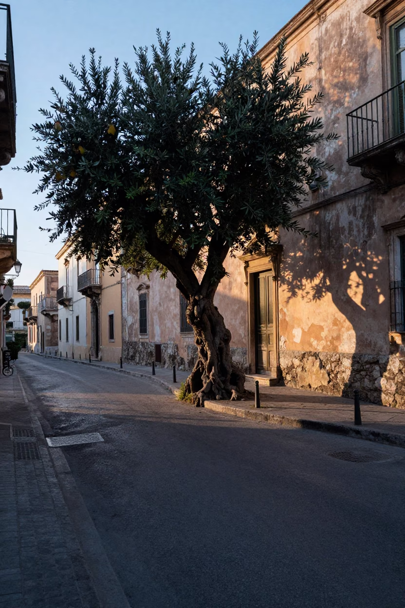 Dawn Light on Palermo Street with Olive Tree and Local Morning Scene in in Palermo, Italy