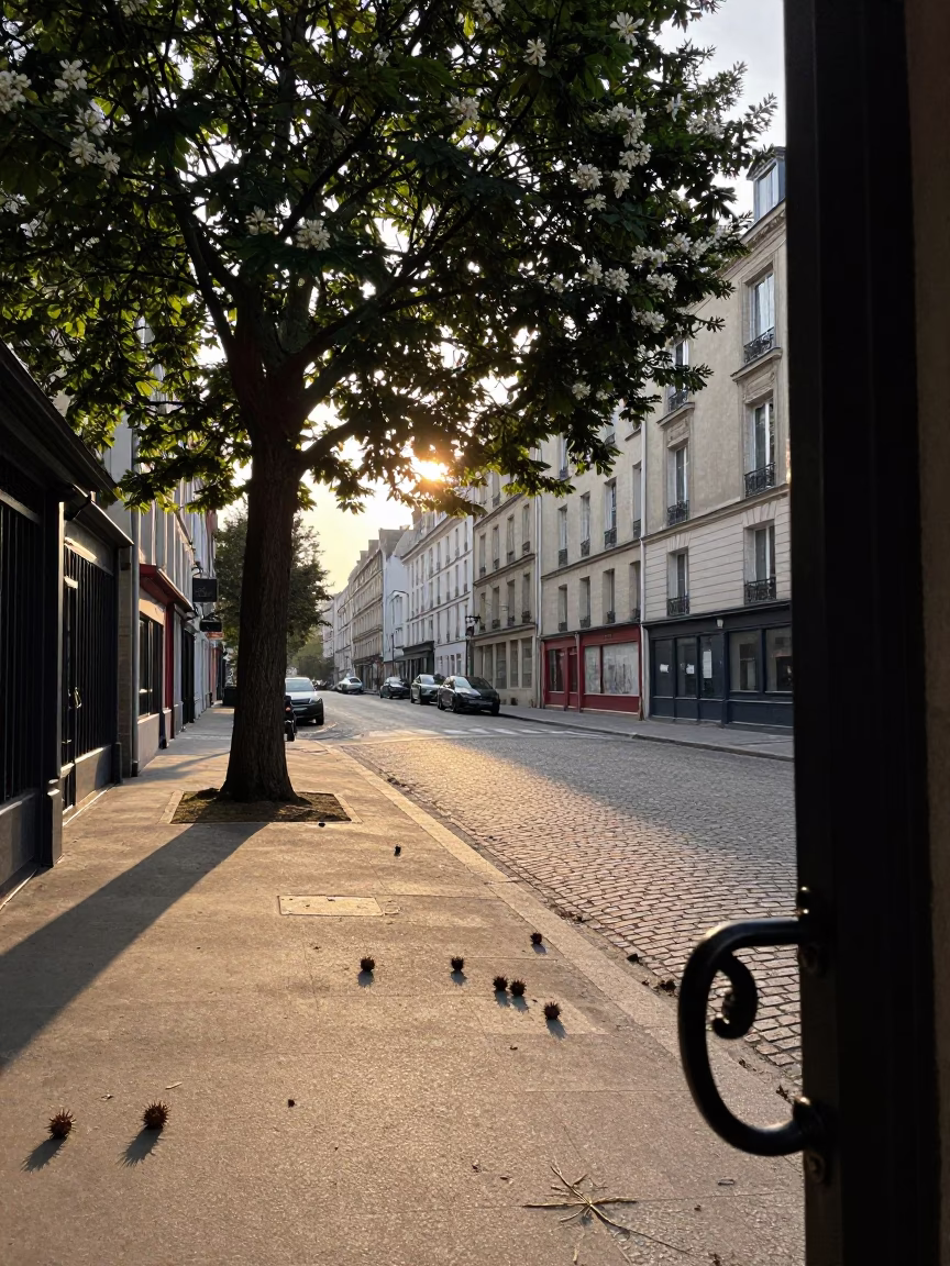 Dawn Light on Parisian Bakery Street with Chestnut Tree and Wicker Shadow in in Paris, France