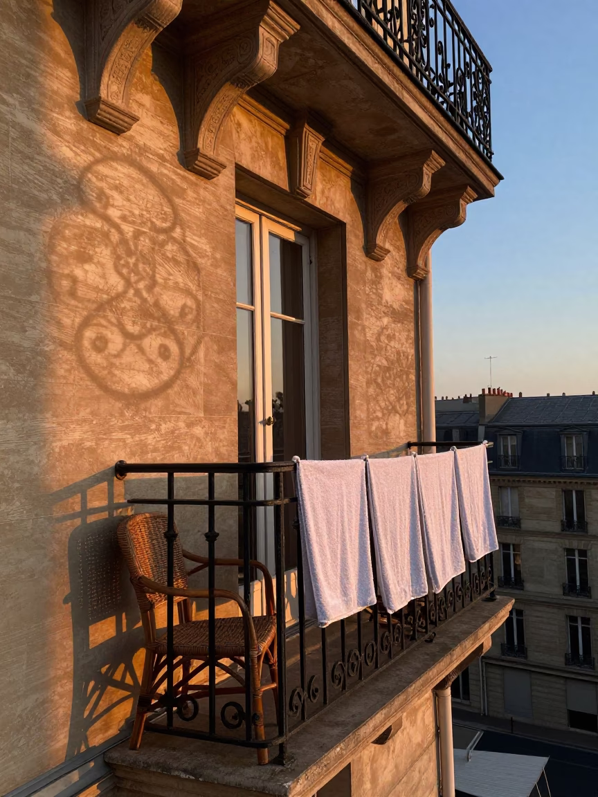 Dawn Light on Parisian Balcony with Drying Towels and Wicker Shadows in in Paris, France