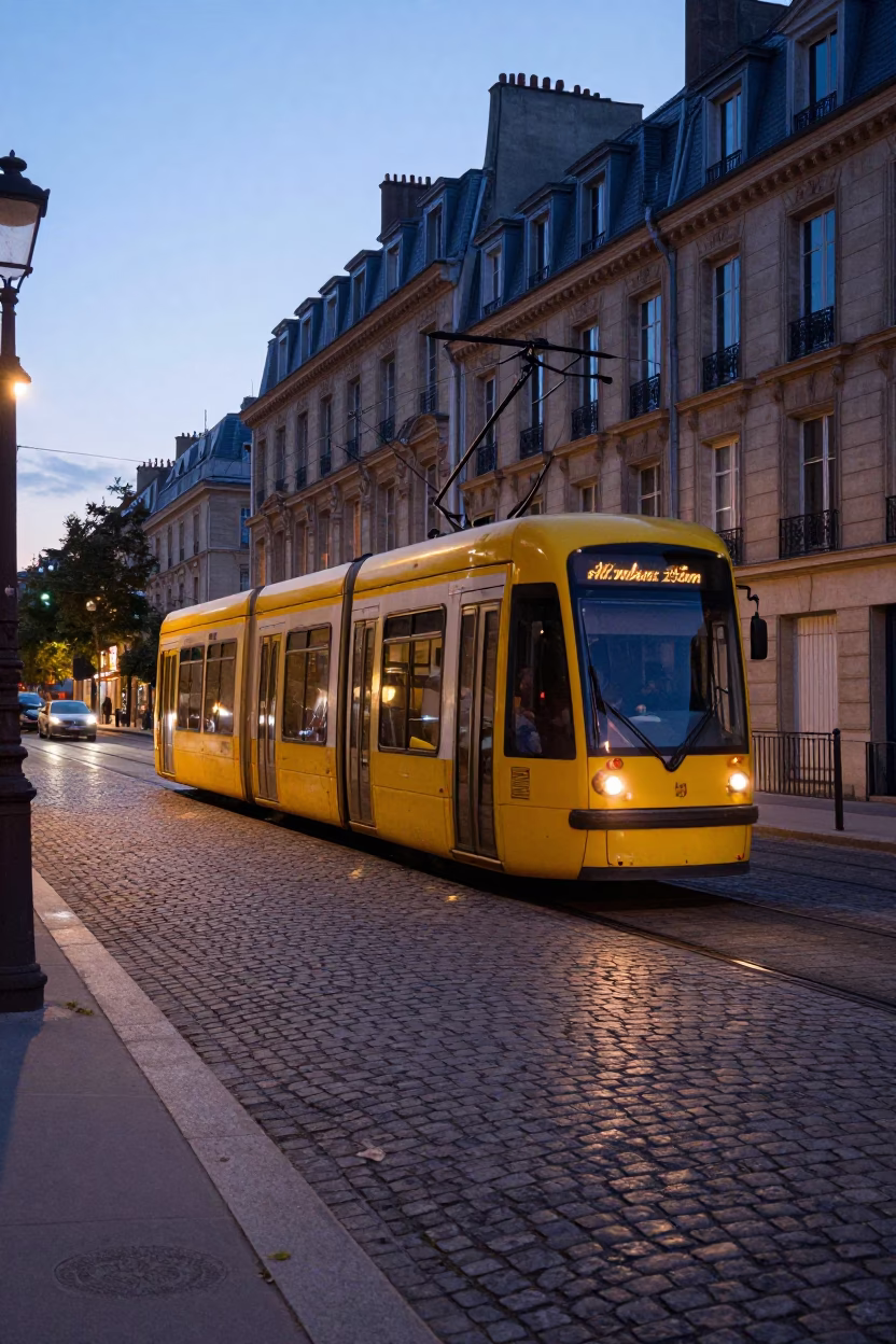 Dawn Light on Parisian Cobblestones with Tram and Peonies in in Paris, France