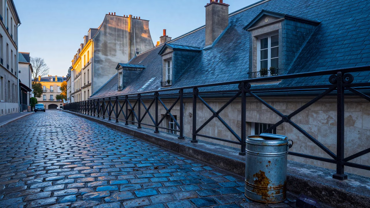 Dawn Light on Parisian Cobblestones with Vintage Coffee Tin and Soap Residue Detail in in Paris, France