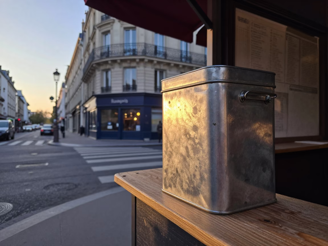 Dawn light on Parisian street with coffee tin and magnolia bloom in in Paris, France