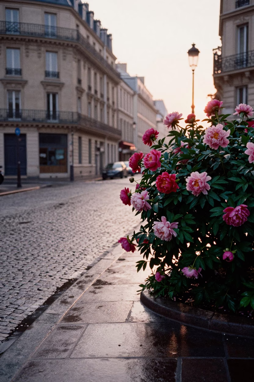 Dawn light on Parisian street with wet pavement and peony blooms in in Paris, France