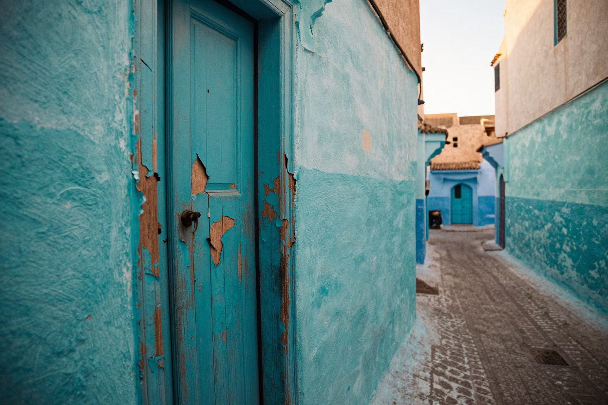 Dawn light on peeling turquoise paint in Fez Morocco alleyway in in Fez, Morocco