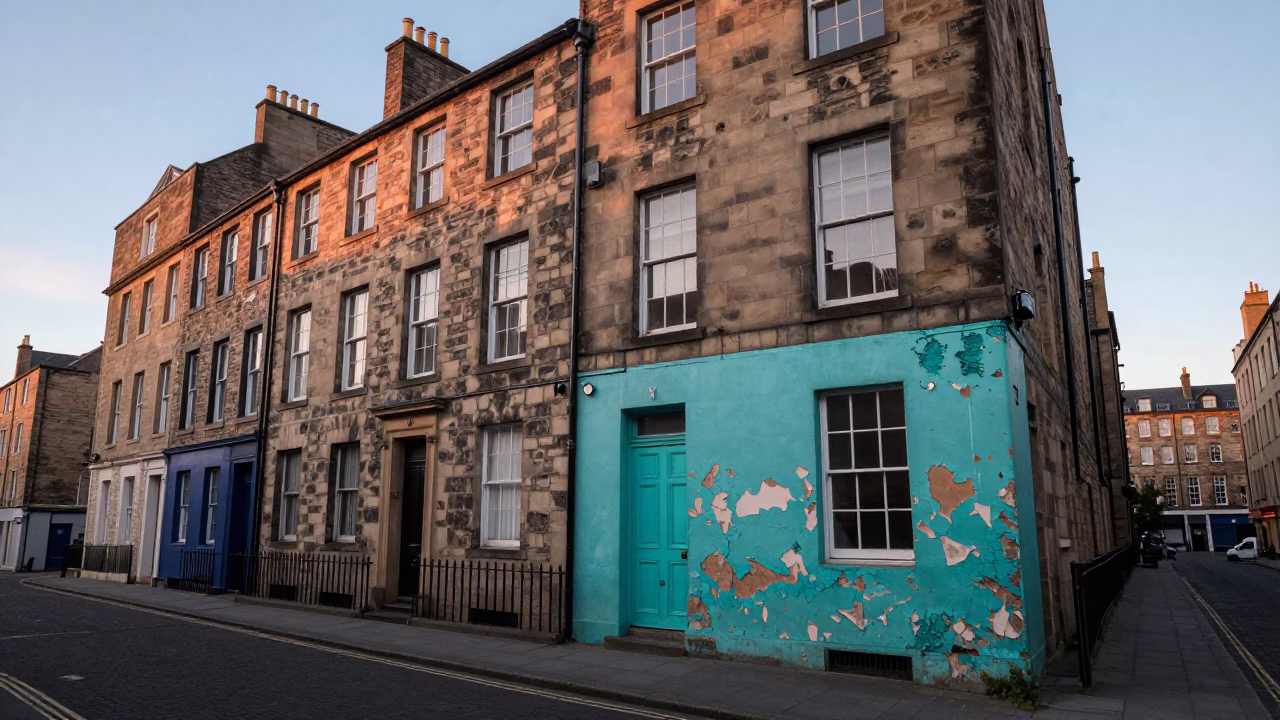 Dawn light on peeling turquoise paint of historic Edinburgh tenement street corner in in Edinburgh, United Kingdom