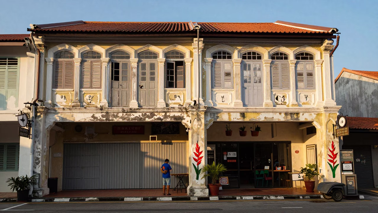 Dawn Light on Penang Street Art Heliconia and Blue Porcelain in George Town Malaysia in in George Town, Malaysia