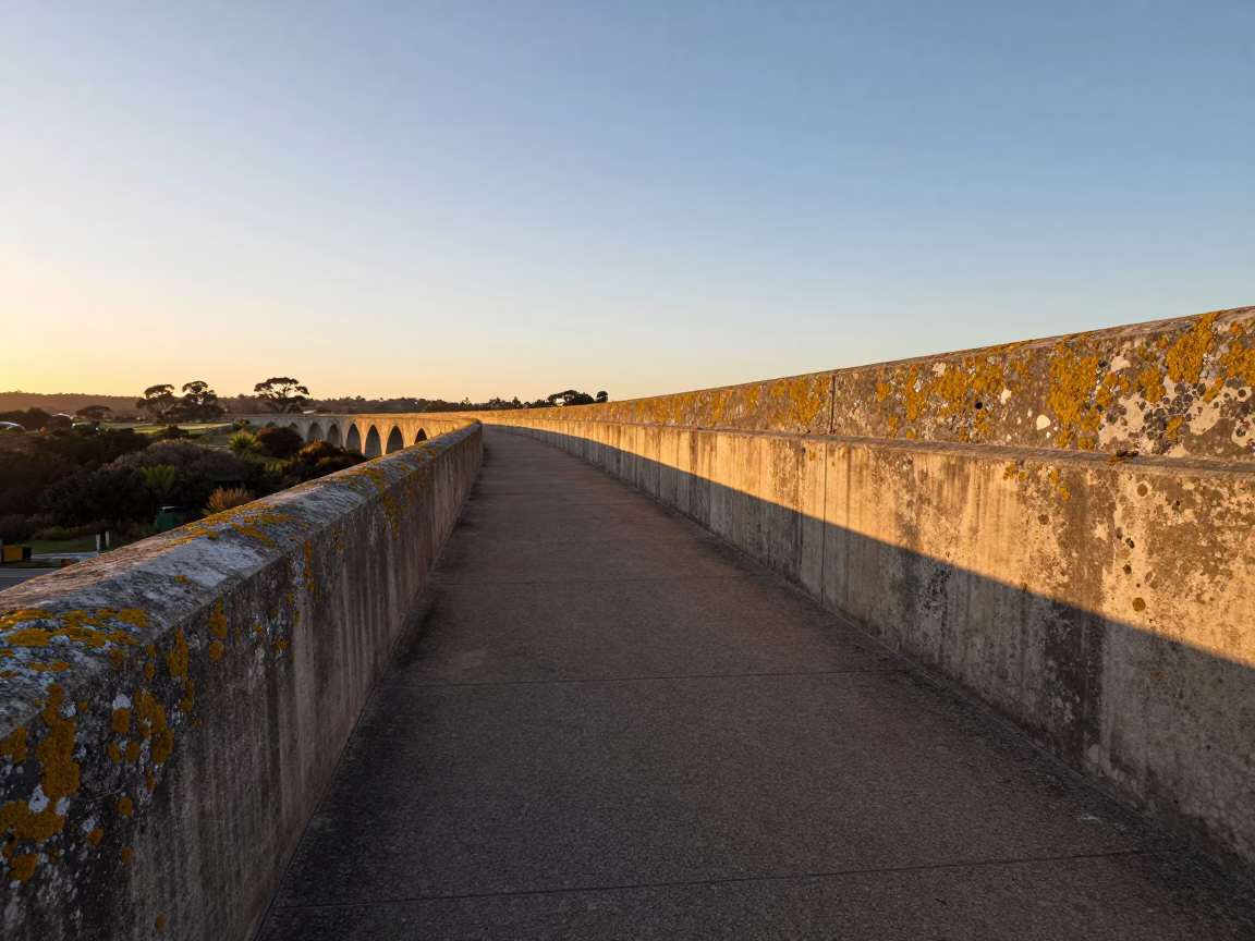 Dawn light on Perth aqueduct maintenance path with lichen parapets and pigeons in in Perth, Western Australia, Australia