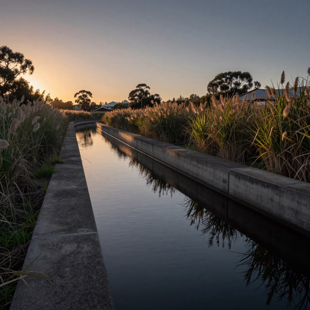 Dawn Light on Perth Canal with Reeds and Concrete Edges Before Sunrise in in Perth, Western Australia, Australia
