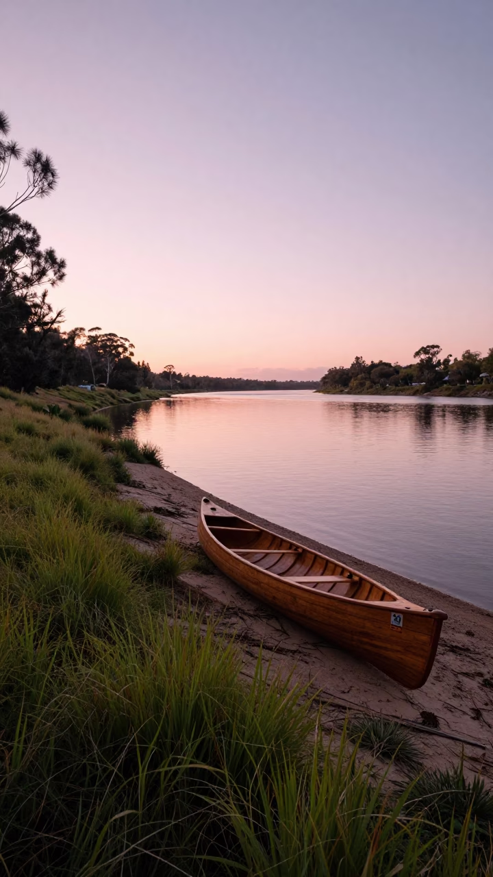Dawn Light on Perth Riverbank with Canoe and Wild Daisies in in Perth, Western Australia, Australia