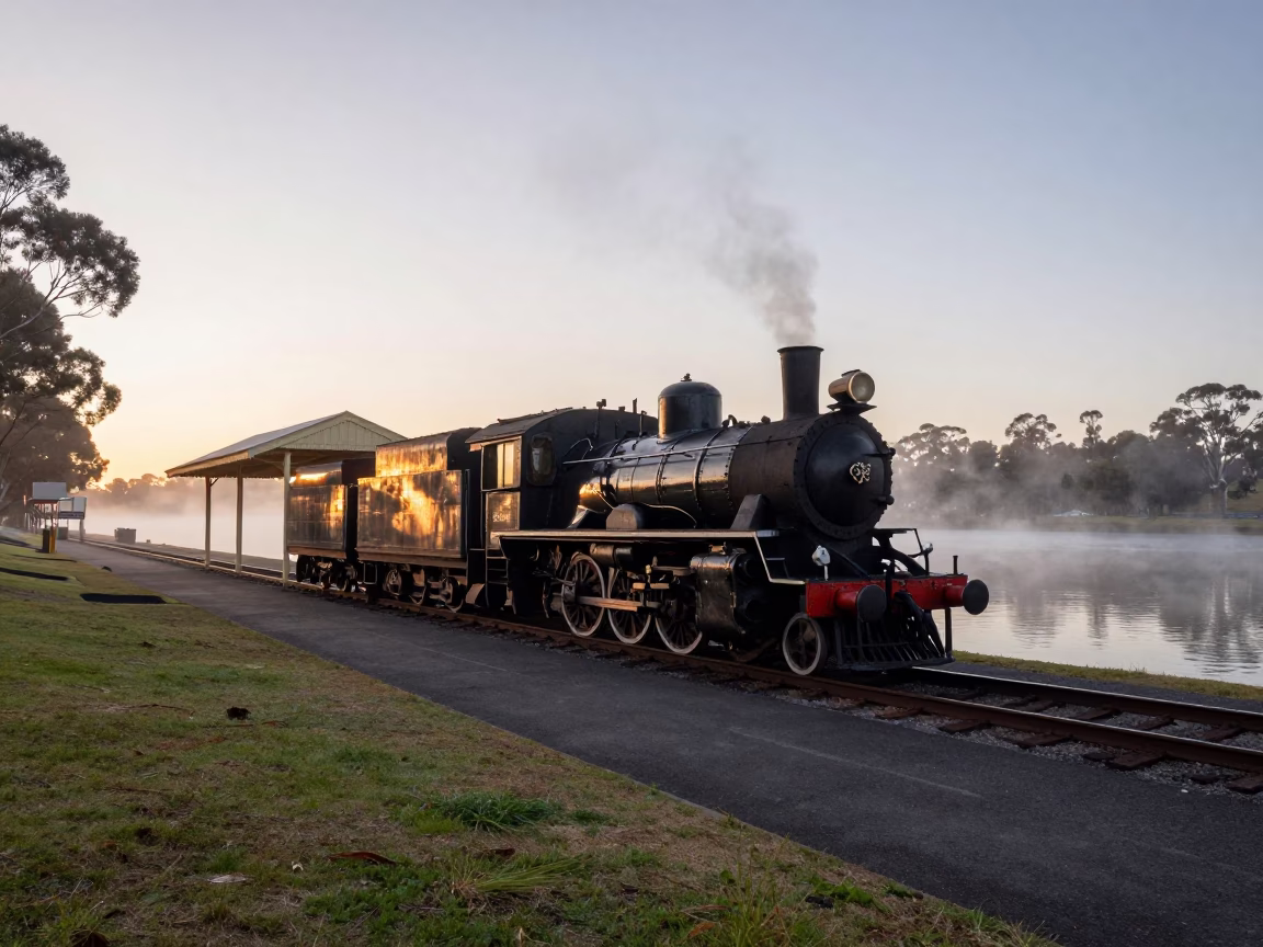 Dawn Light on Perth Riverbank with Heritage Steam Locomotive and Local Commuters in in Perth, Western Australia, Australia