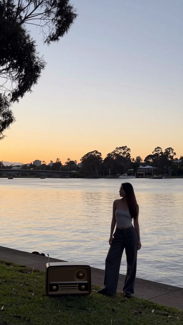 Dawn Light on Perth Riverbank with Vintage Radio and Hydrangeas in in Perth, Western Australia, Australia