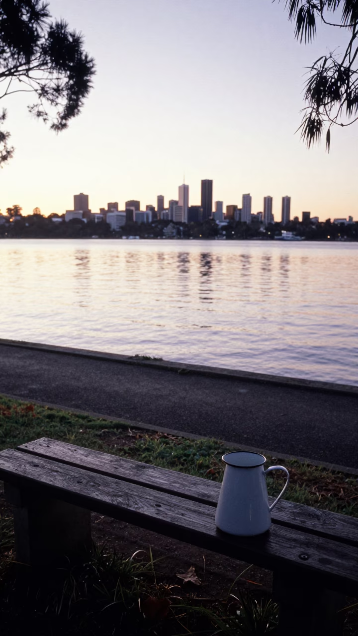 Dawn Light on Perth Riverbanks with Enamel Pitcher and Basket by Swan River in in Perth, Western Australia, Australia
