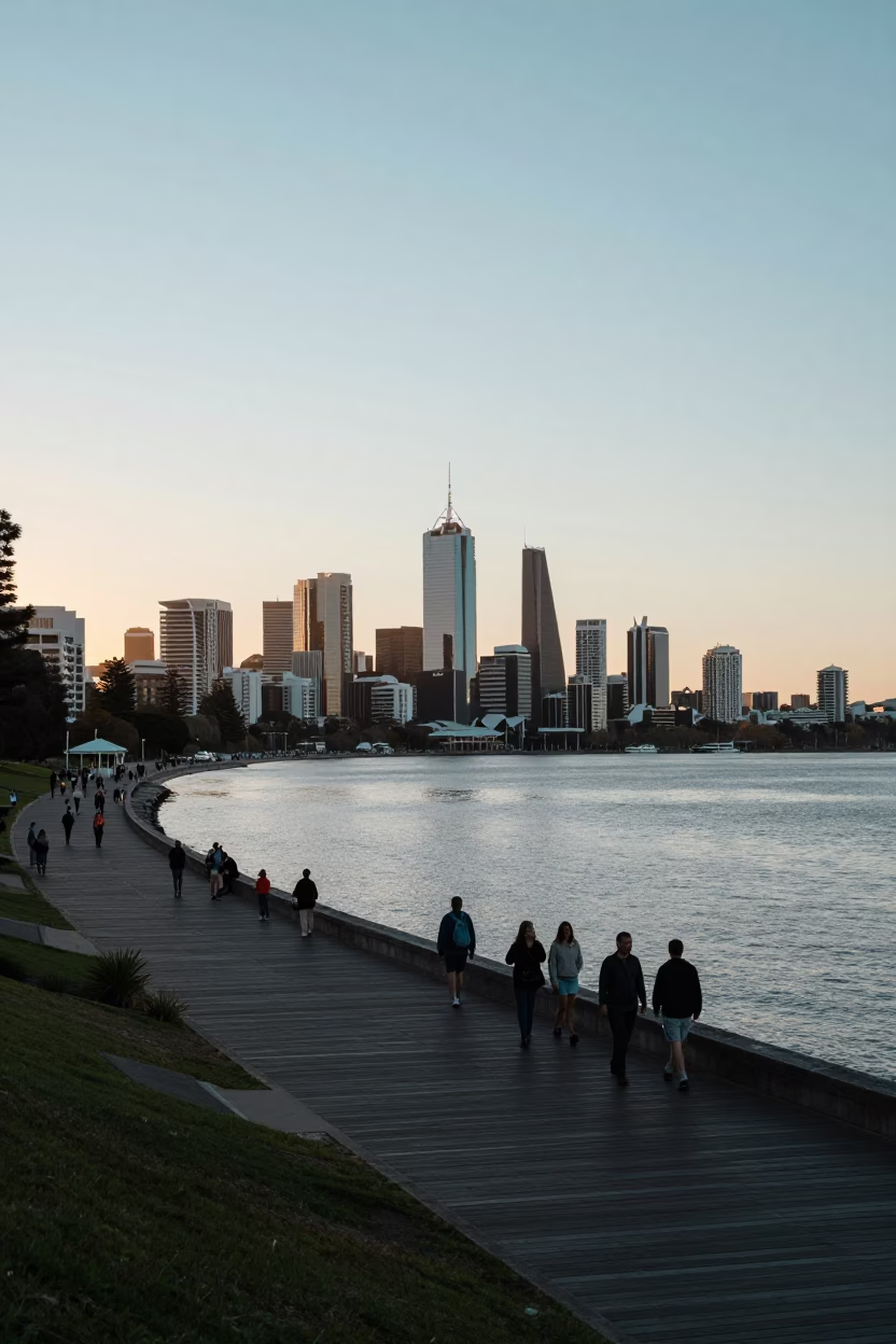 Dawn Light on Perth Riverfront Boardwalk with Commuters and City Skyline in in Perth, Western Australia, Australia