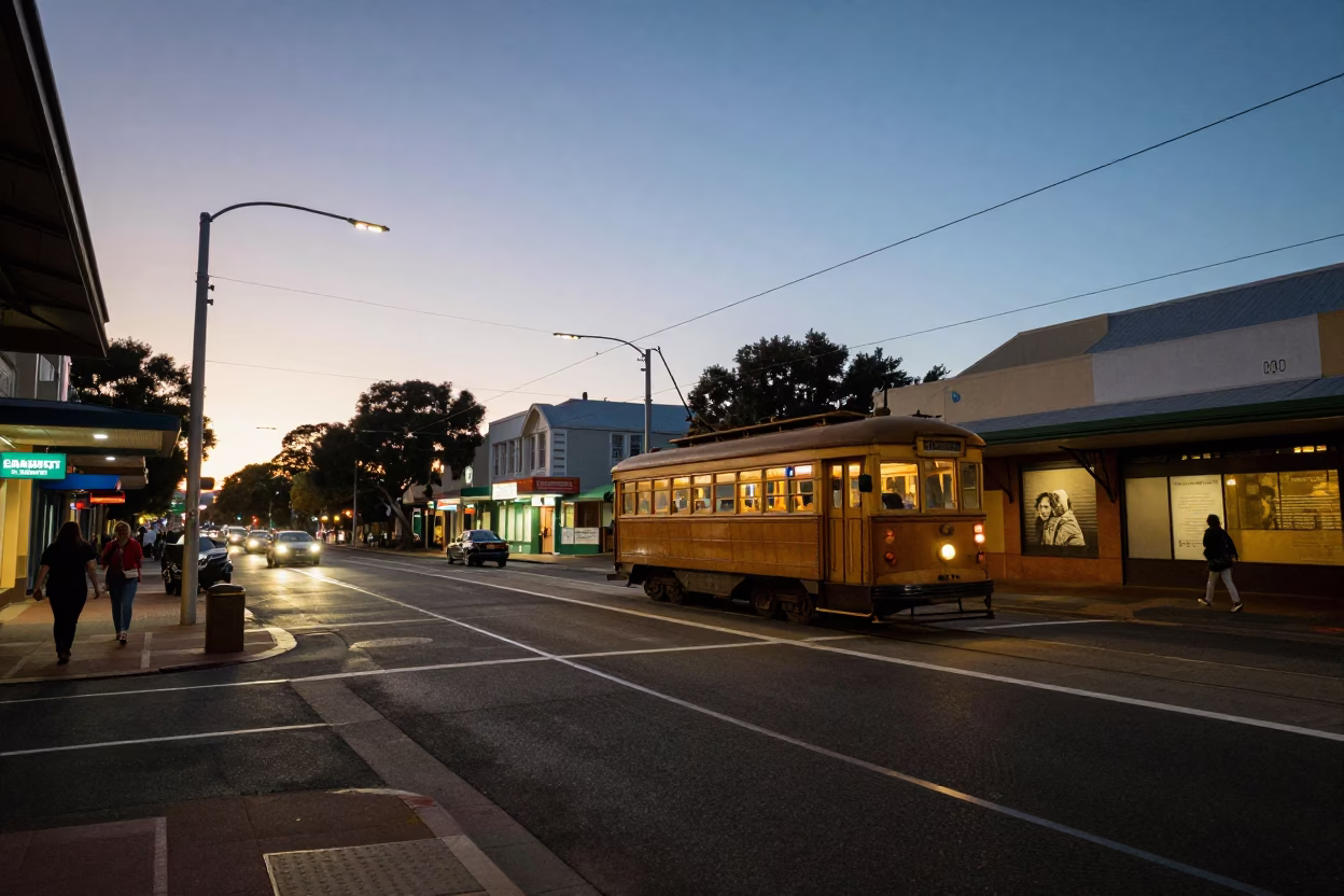 Dawn Light on Perth Street Corner with Vintage 1950s Tram and Morning Commuters in in Perth, Western Australia, Australia