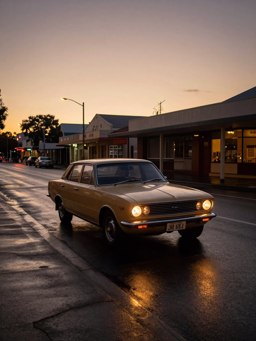 Dawn Light on Perth Street with Vintage 1970s Car and Streetlamp Reflections in in Perth, Western Australia, Australia